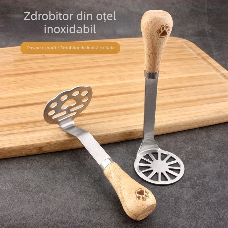 Unealtă de bucătărie din oțel inoxidabil, în formă de ursuleț: zdrobitor de cartofi, presă de usturoi, zdrobitor de ouă și accesorii pentru hrana bebelușilor cu strecurător.