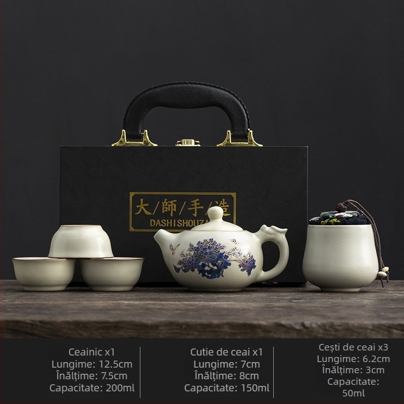 Set de ceai Ru Kiln pentru călătorii – set ceramic portabil pentru exterior, schimbare de culoare la apă fierbinte, cadou personalizat pentru clienți