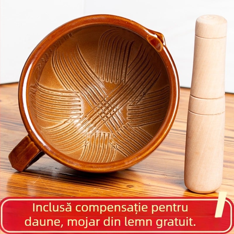Mojar ceramic pentru usturoi cu ciocan din lemn, mărime medie, râșniță multifuncțională pentru bucătărie