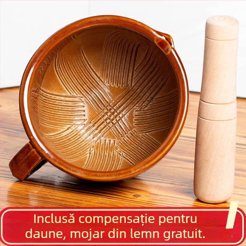 Mojar ceramic pentru usturoi cu ciocan din lemn, mărime medie, râșniță multifuncțională pentru bucătărie