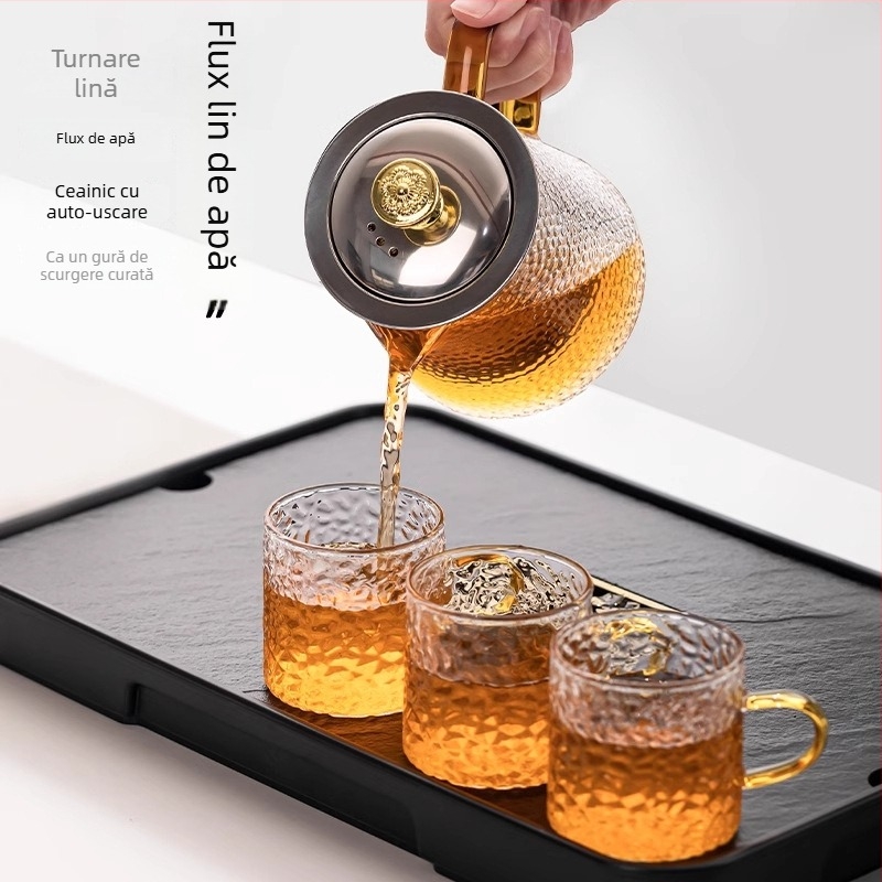 Set de ceai din sticlă cu ceainic, cești și filtru, cu tavă de ceai, pentru 6 persoane, uz casnic, stil modern minimalist