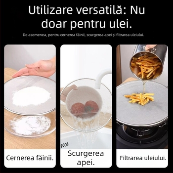 Plasă din oțel inoxidabil, cu mâner, plasă antiulei pentru prăjire pește și gătit, separator de ulei, tavă de pizza