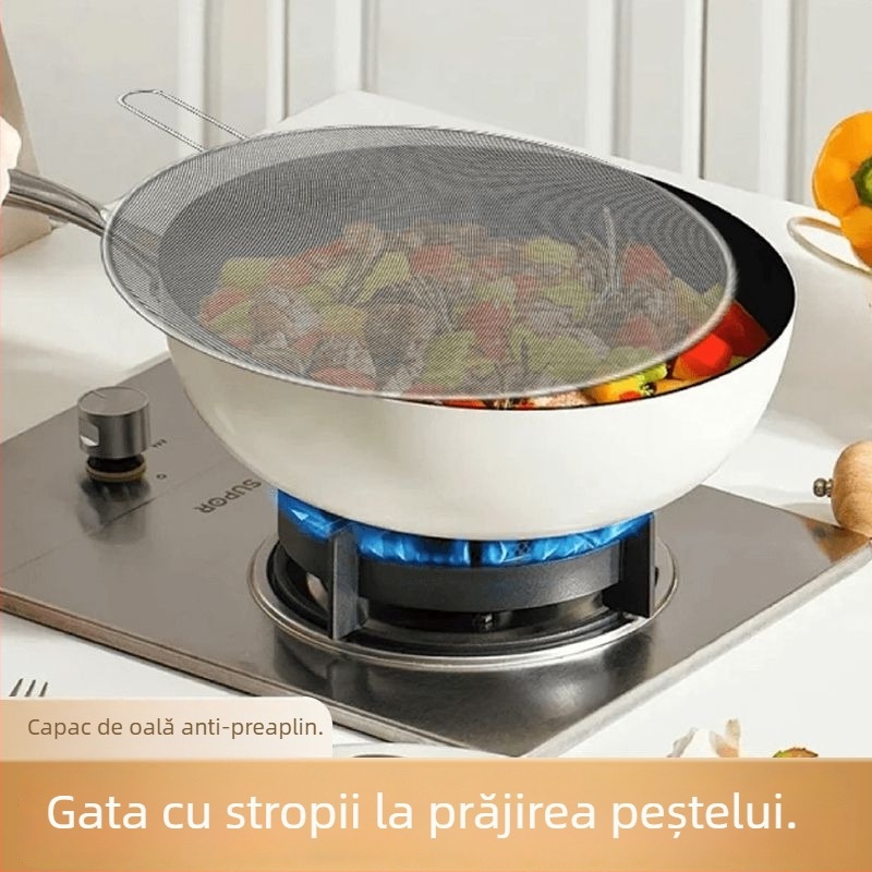 Plasă din oțel inoxidabil, cu mâner, plasă antiulei pentru prăjire pește și gătit, separator de ulei, tavă de pizza