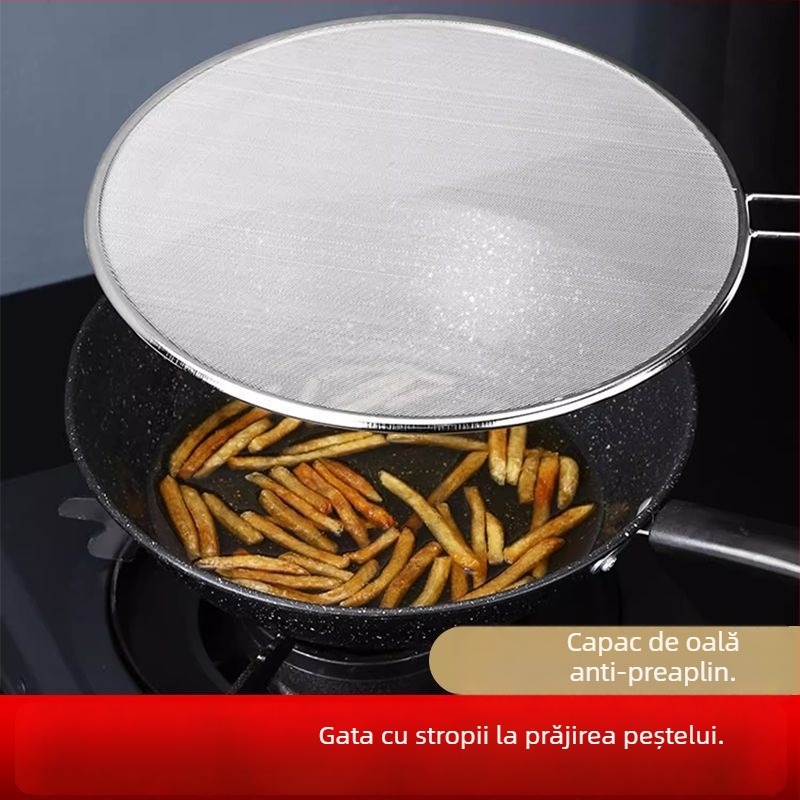 Plasă din oțel inoxidabil, cu mâner, plasă antiulei pentru prăjire pește și gătit, separator de ulei, tavă de pizza
