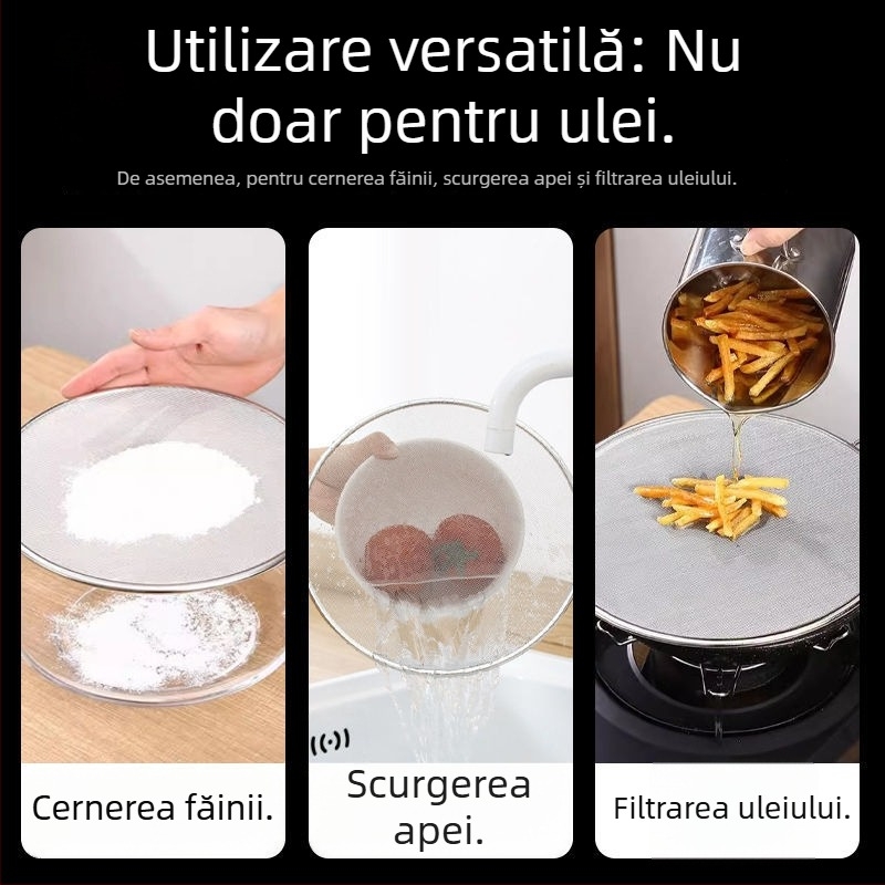 Plasă din oțel inoxidabil, cu mâner, plasă antiulei pentru prăjire pește și gătit, separator de ulei, tavă de pizza