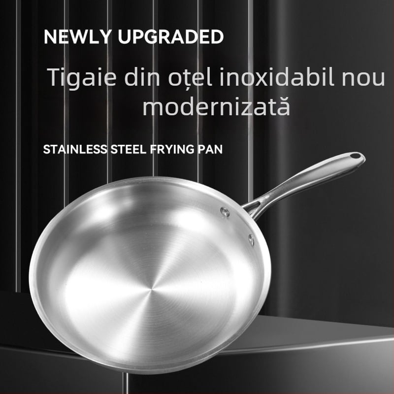 Tigaie din oțel inoxidabil cu fund plat, îngroșată, fără strat, antiaderentă, pentru uz casnic, ideală pentru prăjirea fripturii și gătire zilnică, compatibilă cu plita cu inducție.