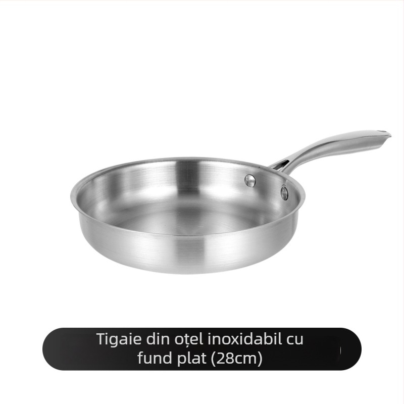 Tigaie din oțel inoxidabil cu fund plat, îngroșată, fără strat, antiaderentă, pentru uz casnic, ideală pentru prăjirea fripturii și gătire zilnică, compatibilă cu plita cu inducție.