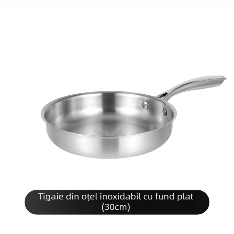 Tigaie din oțel inoxidabil cu fund plat, îngroșată, fără strat, antiaderentă, pentru uz casnic, ideală pentru prăjirea fripturii și gătire zilnică, compatibilă cu plita cu inducție.