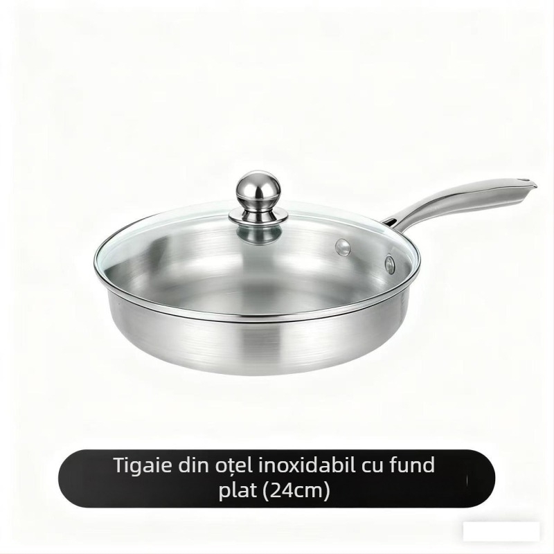 Tigaie din oțel inoxidabil cu fund plat, îngroșată, fără strat, antiaderentă, pentru uz casnic, ideală pentru prăjirea fripturii și gătire zilnică, compatibilă cu plita cu inducție.