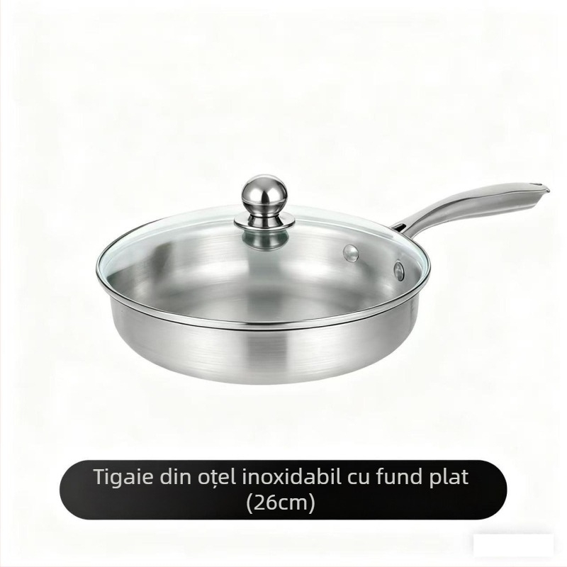 Tigaie din oțel inoxidabil cu fund plat, îngroșată, fără strat, antiaderentă, pentru uz casnic, ideală pentru prăjirea fripturii și gătire zilnică, compatibilă cu plita cu inducție.