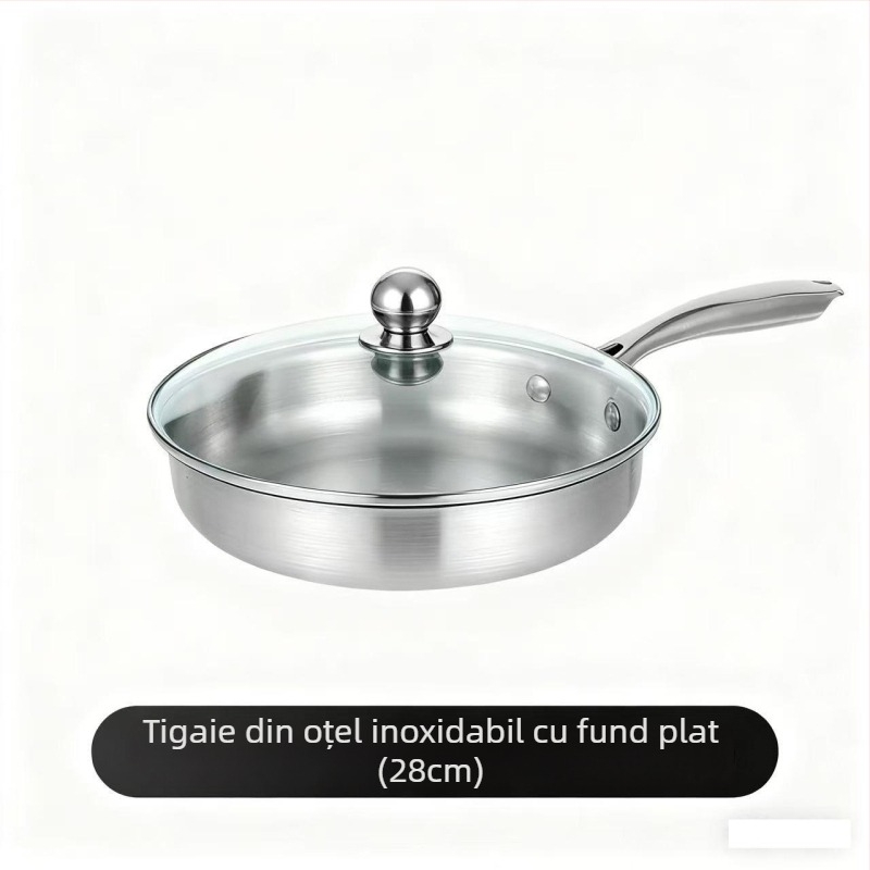 Tigaie din oțel inoxidabil cu fund plat, îngroșată, fără strat, antiaderentă, pentru uz casnic, ideală pentru prăjirea fripturii și gătire zilnică, compatibilă cu plita cu inducție.