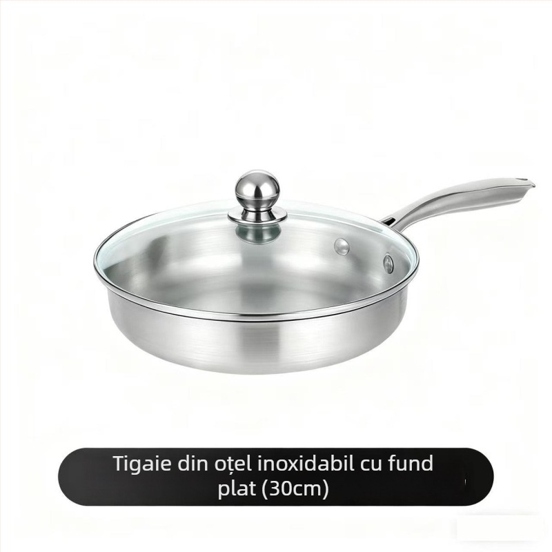 Tigaie din oțel inoxidabil cu fund plat, îngroșată, fără strat, antiaderentă, pentru uz casnic, ideală pentru prăjirea fripturii și gătire zilnică, compatibilă cu plita cu inducție.
