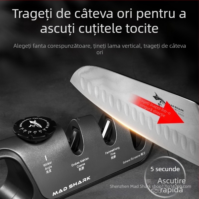 Crazy Shark ascuțitor de cuțite – instrument de ascuțire rapid pentru uz casnic, multifuncțional pentru foarfece și cuțite de bucătărie, unghi fix