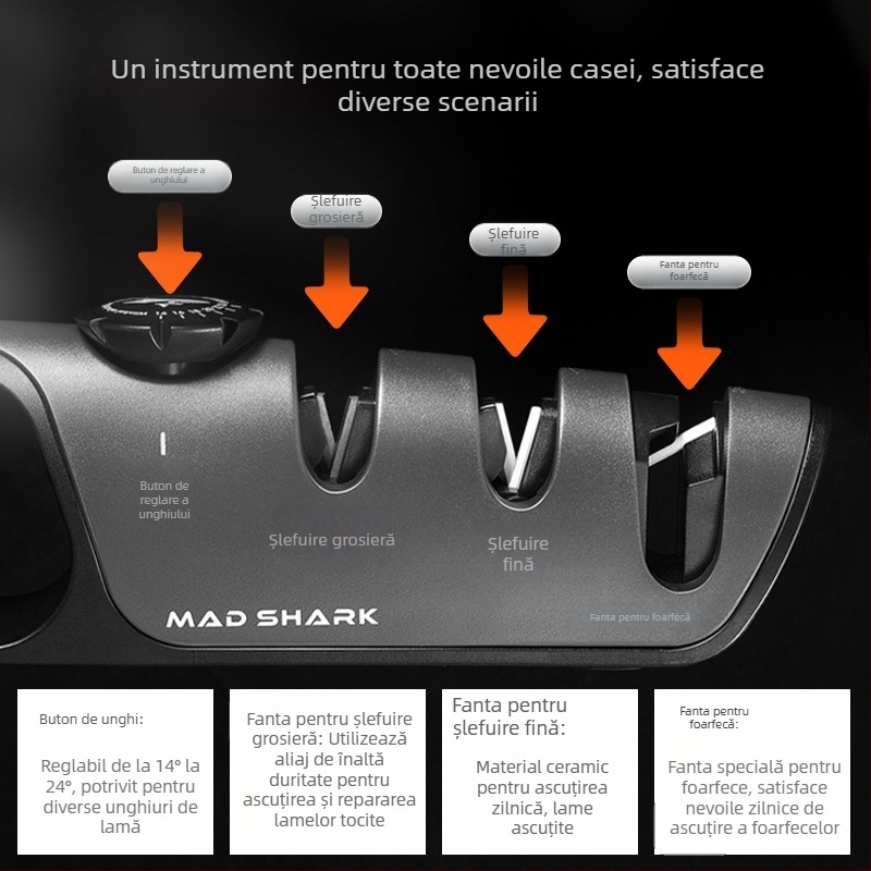 Crazy Shark ascuțitor de cuțite – instrument de ascuțire rapid pentru uz casnic, multifuncțional pentru foarfece și cuțite de bucătărie, unghi fix