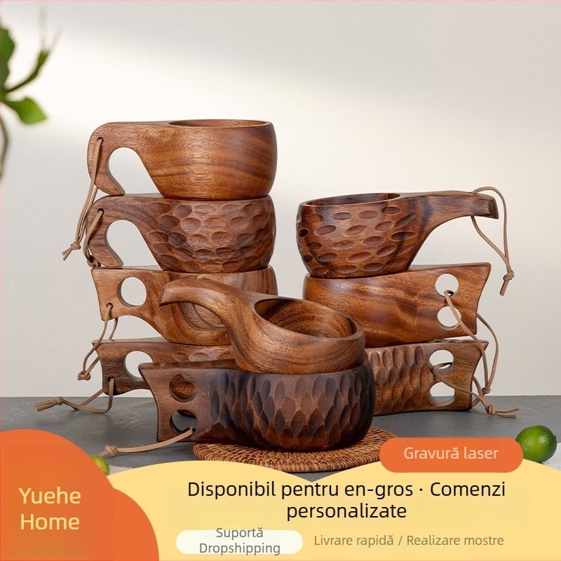 Ceașcă din lemn de acacia cu mâner, capacitate mare, ceașcă de cafea din lemn în stil vintage