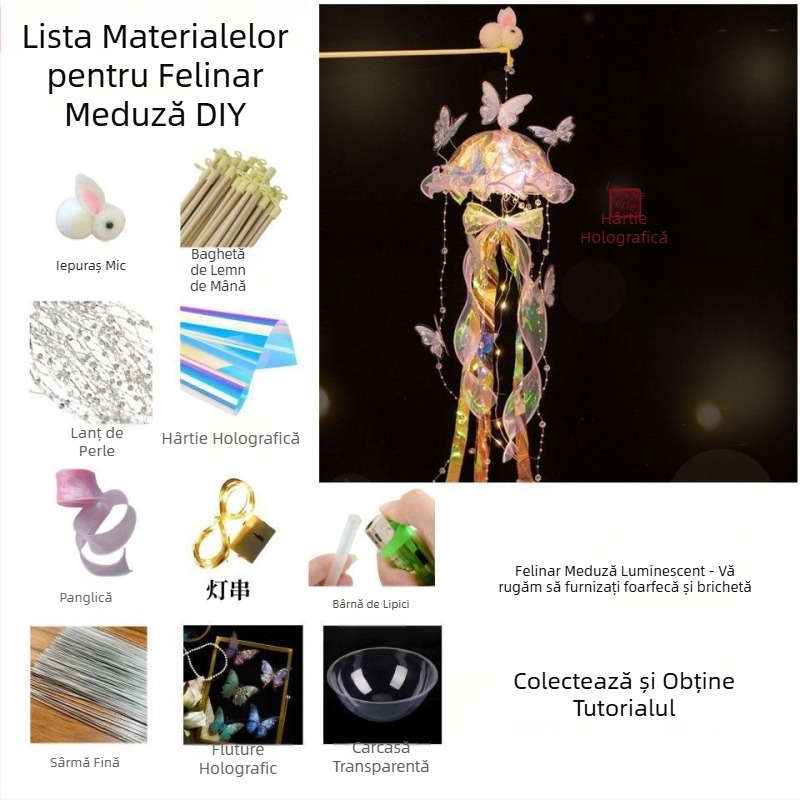 2025 Festivalul Lunii de la mijlocul Toamnei: felinar lucrat manual cu meduză și fluture, DIY, lampă portabilă luminoasă în stil antic