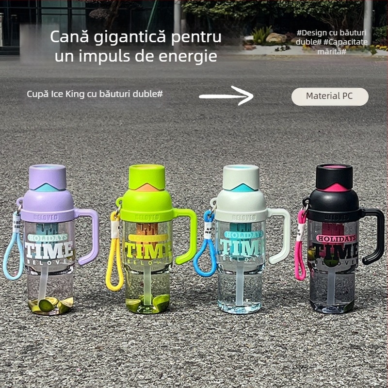 Ceașcă portabilă de vară cu separator pentru ceai și pai, pentru bărbați și femei, sticlă sport din plastic, capacitate mare, personalizabilă