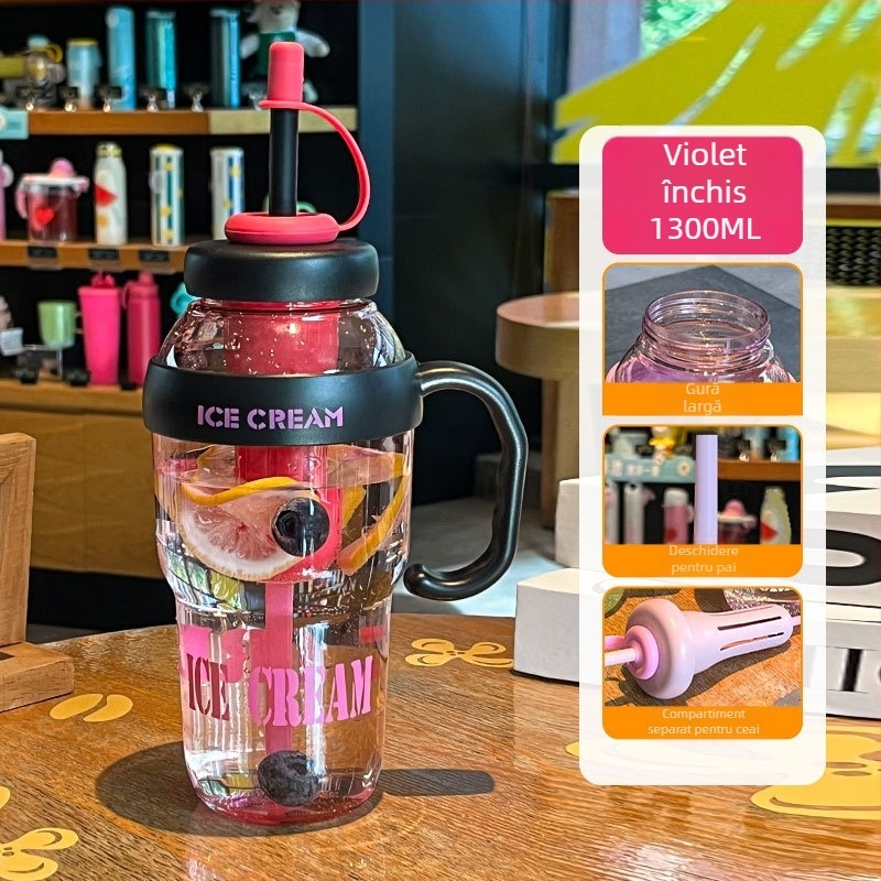 Ceașcă portabilă de vară cu separator pentru ceai și pai, pentru bărbați și femei, sticlă sport din plastic, capacitate mare, personalizabilă