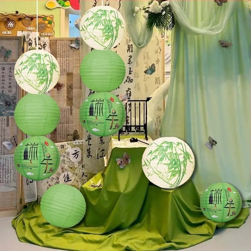 Festivalul Dragon Boat: felinare de hârtie decorative, stil chinezesc nou, pandantive rotunde verzi, 30 cm, decor DIY