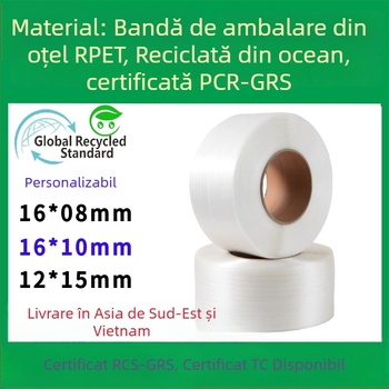 Bandă de legare din plastic-otel, verde cu relief, material PCR RPET1608, certificare GRS