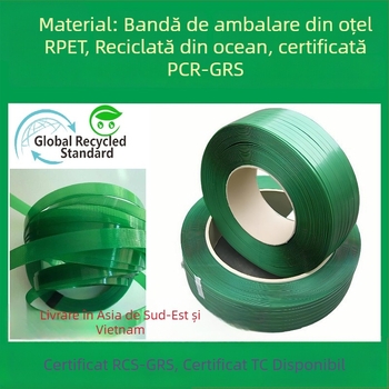 Bandă de legare din plastic-otel, verde cu relief, material PCR RPET1608, certificare GRS