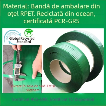 Bandă de legare din plastic-otel, verde cu relief, material PCR RPET1608, certificare GRS