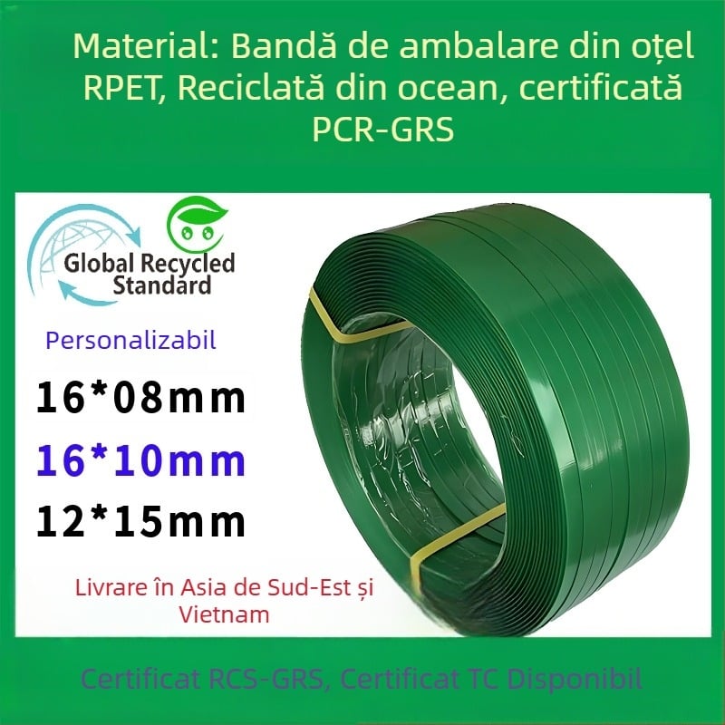 Bandă de legare din plastic-otel, verde cu relief, material PCR RPET1608, certificare GRS