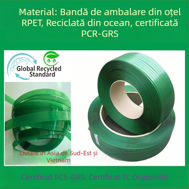 Bandă de legare din plastic-otel, verde cu relief, material PCR RPET1608, certificare GRS