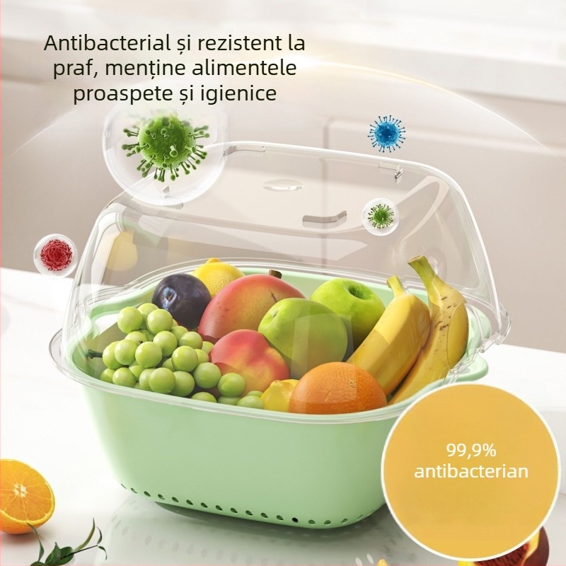 PET coș multifuncțional cu două niveluri pentru scurgerea legumelor și fructelor, farfurie de fructe pentru bucătărie și chiuvetă pentru spălat legume, filtrare uscată și umedă
