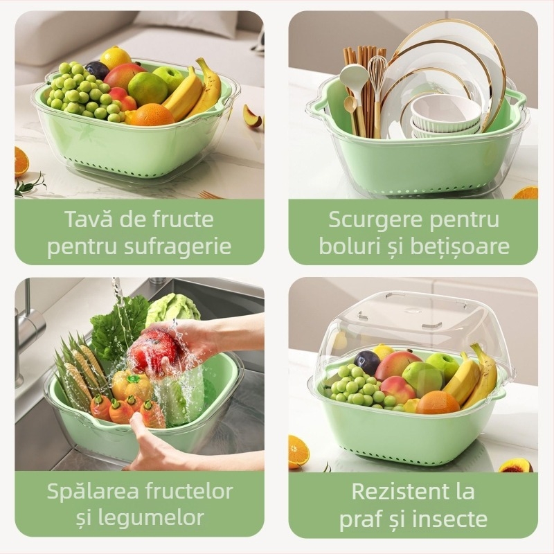 PET coș multifuncțional cu două niveluri pentru scurgerea legumelor și fructelor, farfurie de fructe pentru bucătărie și chiuvetă pentru spălat legume, filtrare uscată și umedă