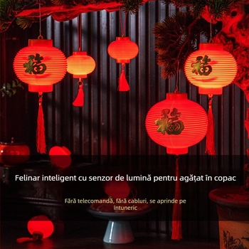 Fenar rotund în stil chinezesc, alimentat cu baterie, cu senzor de lumină inteligent, decor suspendat pentru curtea din grădină de Anul Nou