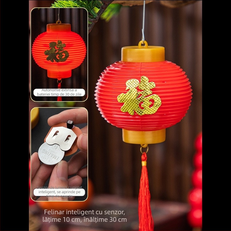 Fenar rotund în stil chinezesc, alimentat cu baterie, cu senzor de lumină inteligent, decor suspendat pentru curtea din grădină de Anul Nou
