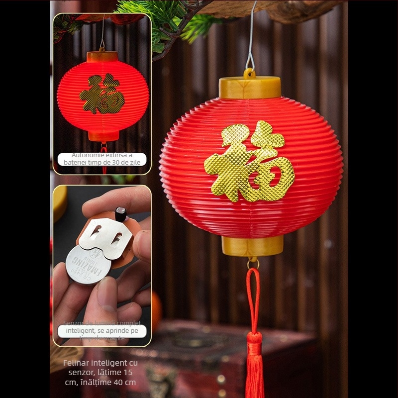 Fenar rotund în stil chinezesc, alimentat cu baterie, cu senzor de lumină inteligent, decor suspendat pentru curtea din grădină de Anul Nou