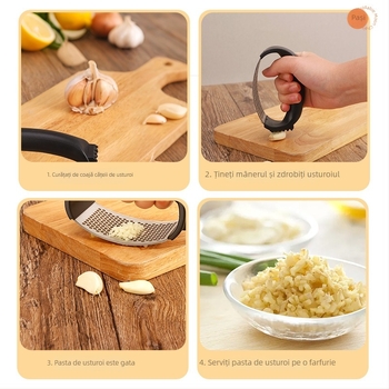 Presă de usturoi din oțel inoxidabil, manuală, cu design curbat