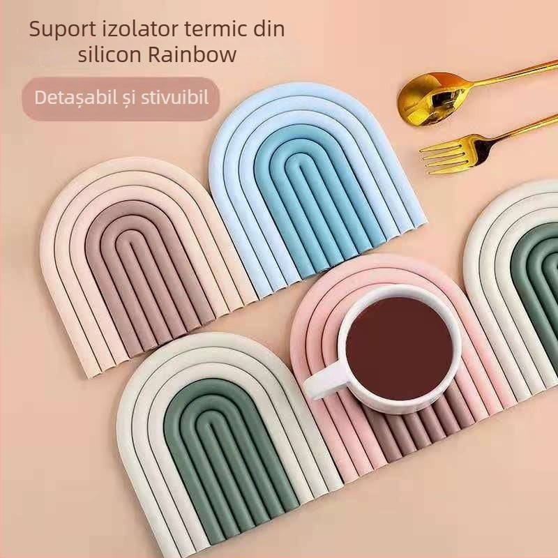 Suport de pahare din silicon curcubeu, proiectat independent pentru masă de acasă, izolație termică, protecție împotriva arsurilor pentru boluri, farfurii și oale