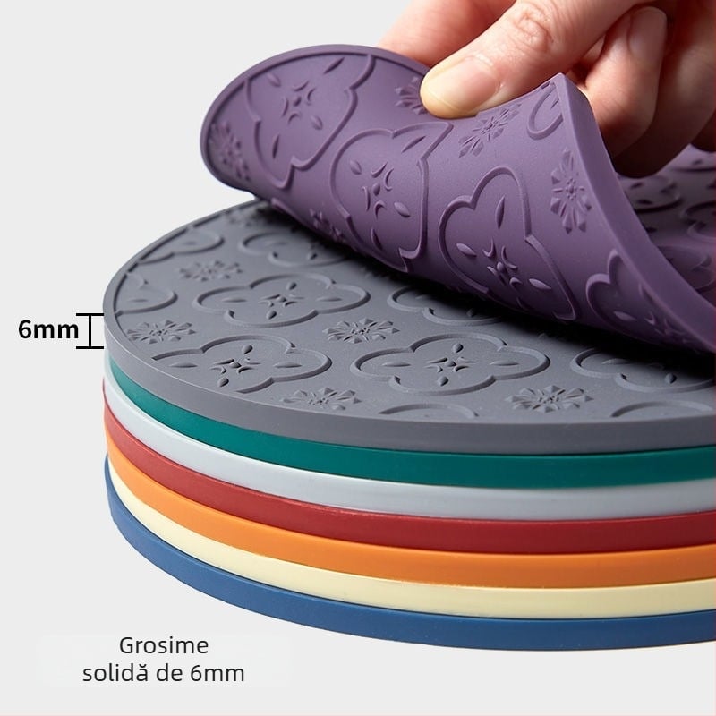Covoraș din silicon termorezistent, gros, anti-alunecare, rotund, cu design floare Begonia