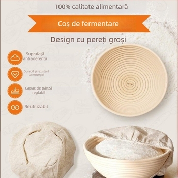 Set de unelte pentru coacerea pâinii: coș de fermentare, coș de pâine din ratan, spatulă pentru aluat, bătător pentru aluat și perie de amestecare