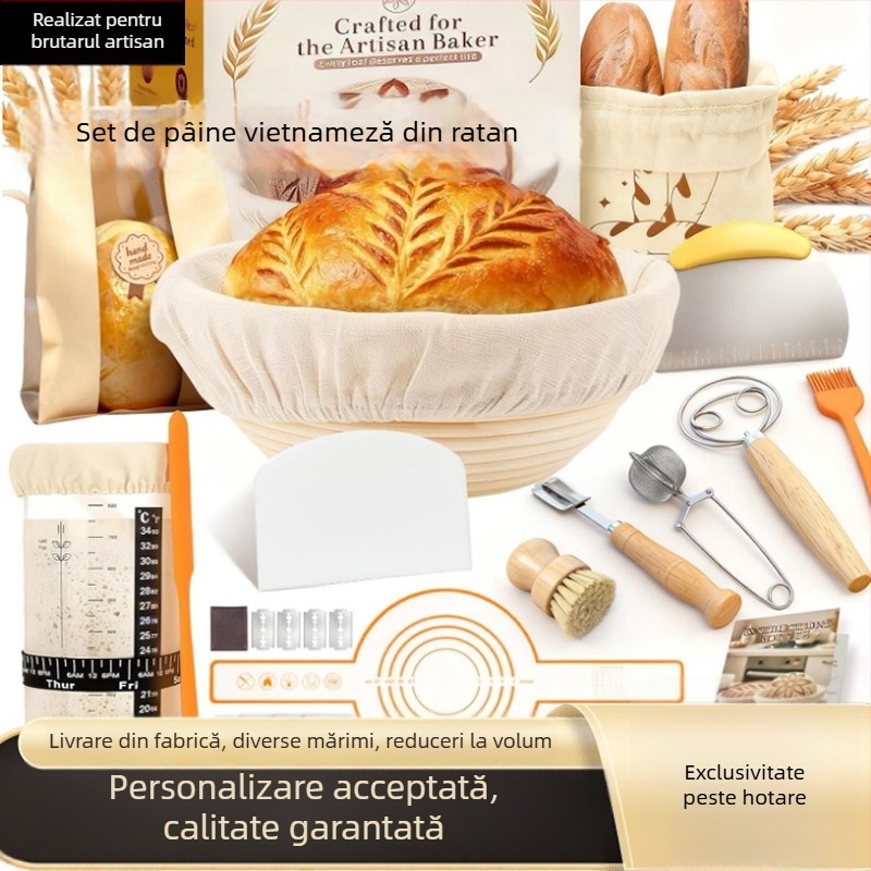 Set de unelte pentru coacerea pâinii: coș de fermentare, coș de pâine din ratan, spatulă pentru aluat, bătător pentru aluat și perie de amestecare