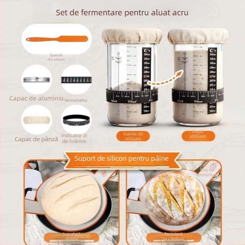 Set de unelte pentru coacerea pâinii: coș de fermentare, coș de pâine din ratan, spatulă pentru aluat, bătător pentru aluat și perie de amestecare