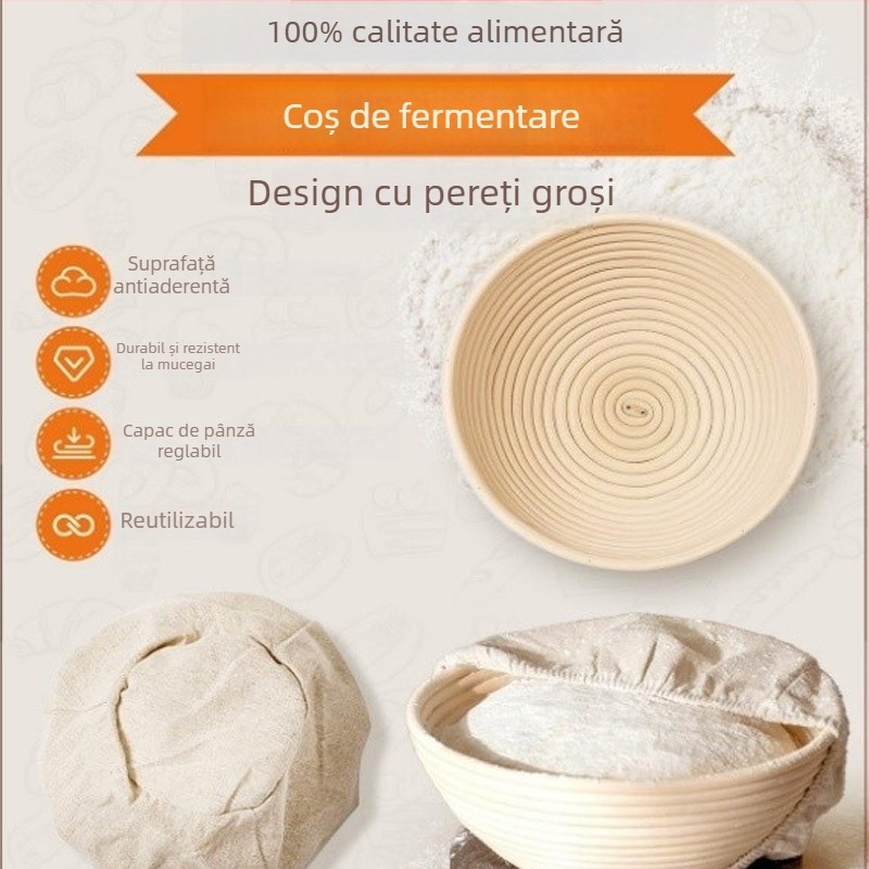 Set de unelte pentru coacerea pâinii: coș de fermentare, coș de pâine din ratan, spatulă pentru aluat, bătător pentru aluat și perie de amestecare