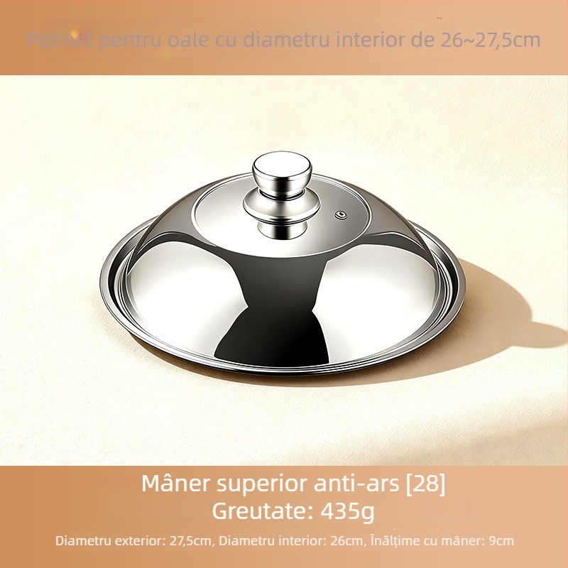 Capac de oală din oțel inoxidabil 304 pentru bucătărie, uz casnic; compatibil cu vase pentru aburi și tigăi; design înălțat, vizibil; protecție împotriva arsurilor, anti-vărsare, rezistent la ruginire.