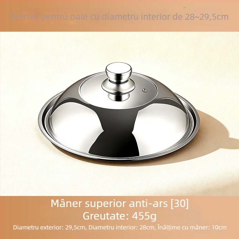 Capac de oală din oțel inoxidabil 304 pentru bucătărie, uz casnic; compatibil cu vase pentru aburi și tigăi; design înălțat, vizibil; protecție împotriva arsurilor, anti-vărsare, rezistent la ruginire.
