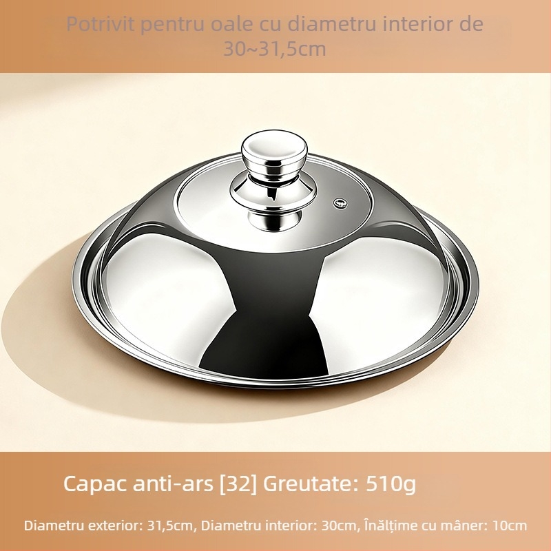 Capac de oală din oțel inoxidabil 304 pentru bucătărie, uz casnic; compatibil cu vase pentru aburi și tigăi; design înălțat, vizibil; protecție împotriva arsurilor, anti-vărsare, rezistent la ruginire.