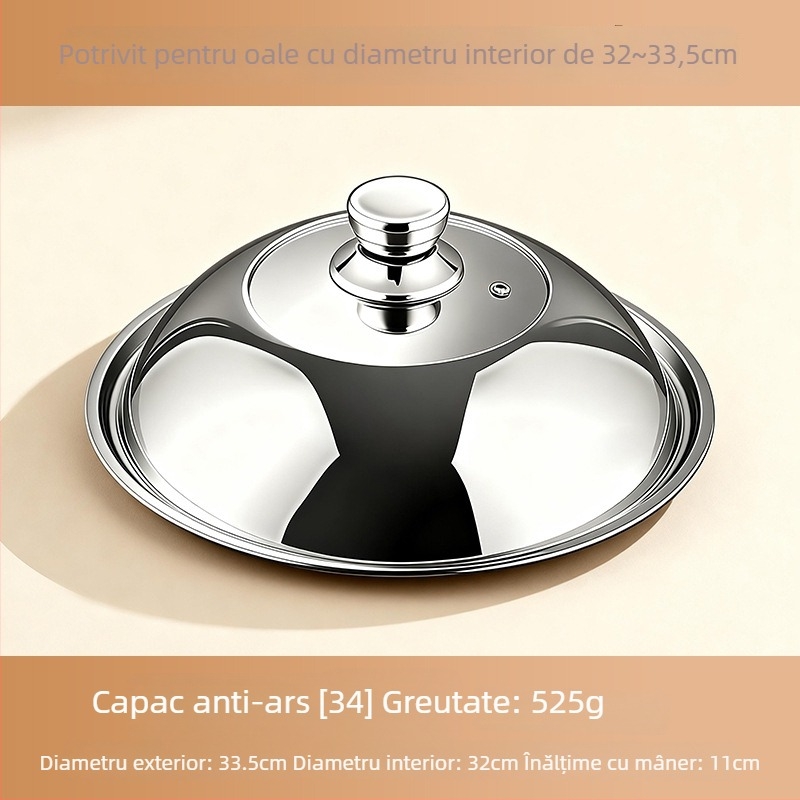 Capac de oală din oțel inoxidabil 304 pentru bucătărie, uz casnic; compatibil cu vase pentru aburi și tigăi; design înălțat, vizibil; protecție împotriva arsurilor, anti-vărsare, rezistent la ruginire.
