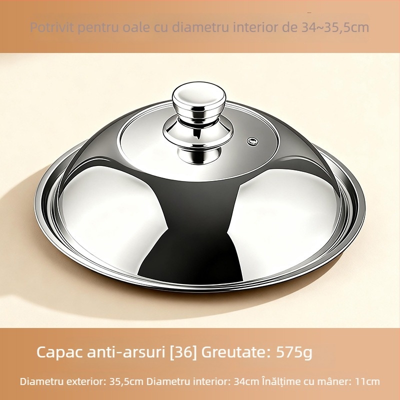 Capac de oală din oțel inoxidabil 304 pentru bucătărie, uz casnic; compatibil cu vase pentru aburi și tigăi; design înălțat, vizibil; protecție împotriva arsurilor, anti-vărsare, rezistent la ruginire.