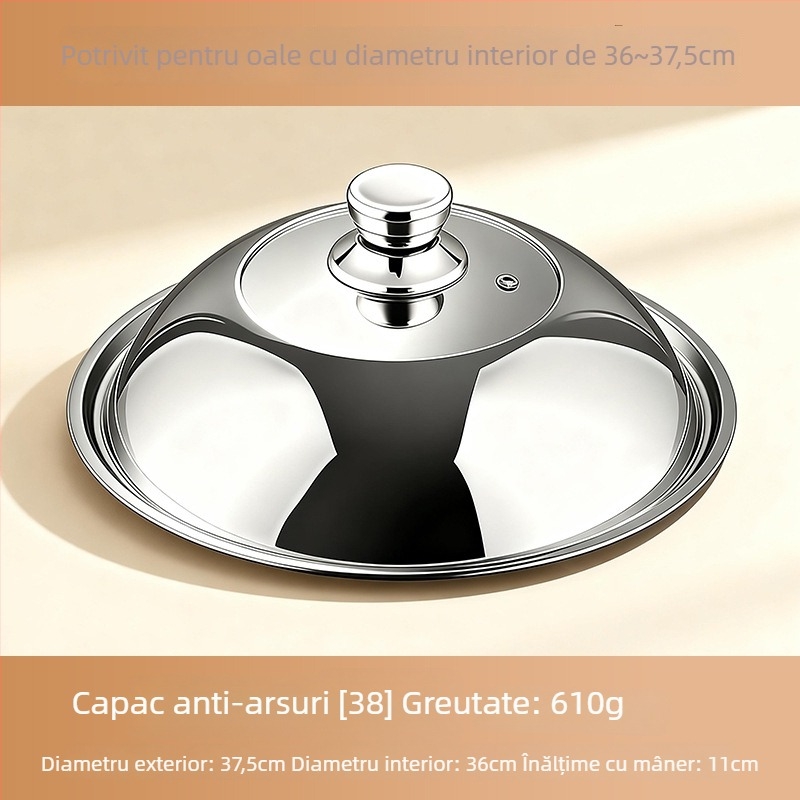 Capac de oală din oțel inoxidabil 304 pentru bucătărie, uz casnic; compatibil cu vase pentru aburi și tigăi; design înălțat, vizibil; protecție împotriva arsurilor, anti-vărsare, rezistent la ruginire.