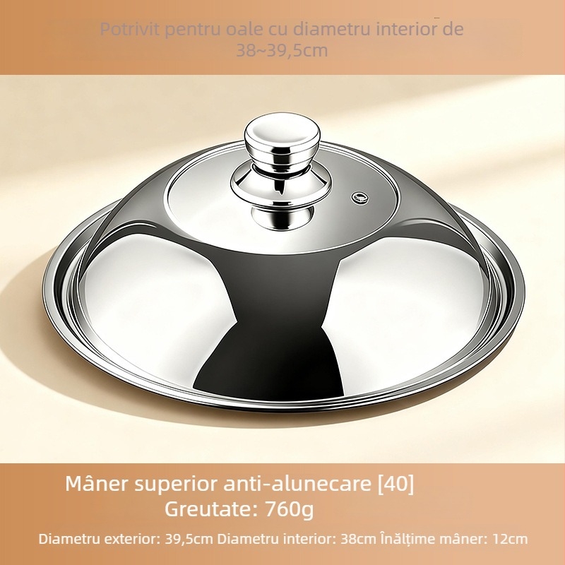 Capac de oală din oțel inoxidabil 304 pentru bucătărie, uz casnic; compatibil cu vase pentru aburi și tigăi; design înălțat, vizibil; protecție împotriva arsurilor, anti-vărsare, rezistent la ruginire.