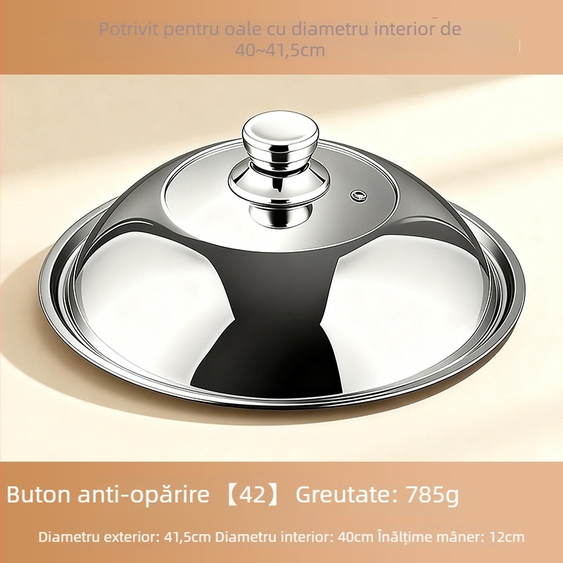 Capac de oală din oțel inoxidabil 304 pentru bucătărie, uz casnic; compatibil cu vase pentru aburi și tigăi; design înălțat, vizibil; protecție împotriva arsurilor, anti-vărsare, rezistent la ruginire.