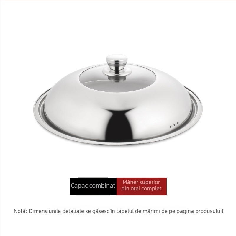 Capac din oțel inoxidabil cu sticlă temperată, capac multifuncțional pentru wok și oale