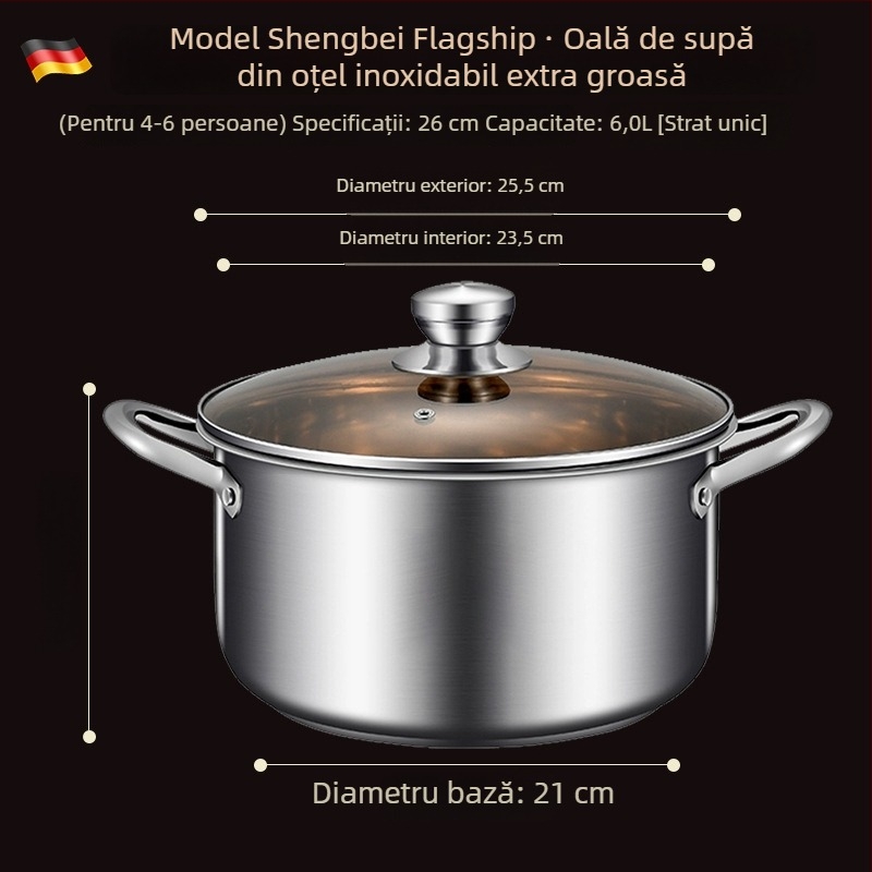 Oală de supă din oțel inoxidabil, bază întărită, vas mic pentru aburi, compatibilă cu plita cu inducție, calitate alimentară, oală multifuncțională pentru supe și paste, potrivită pentru aragaz